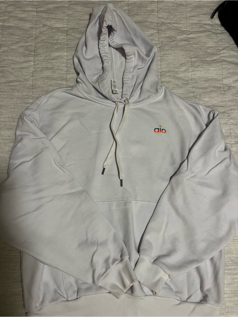 ALO Yoga White Zip-Up Hoodie with Small Multicolor Logo
